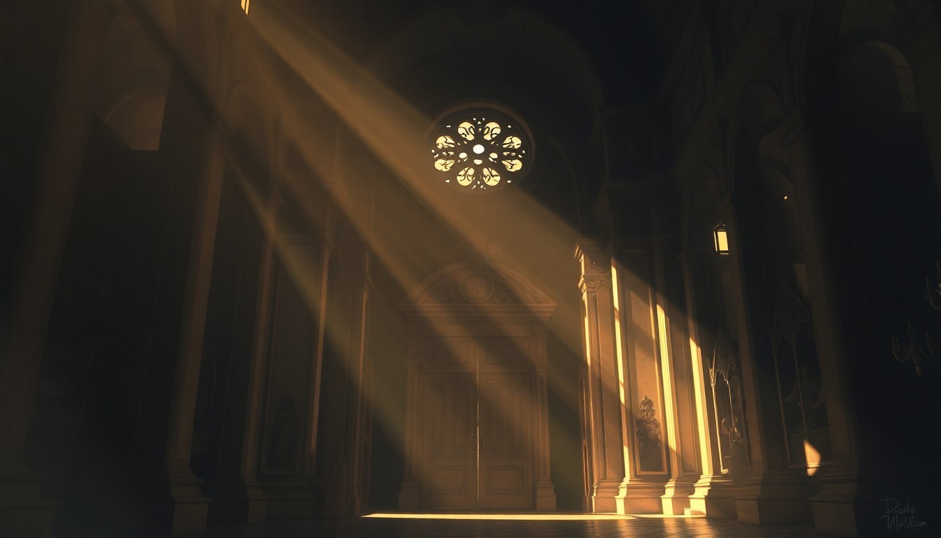 A dimly lit, cinematic painting of an ornate cathedral entrance, with warm sunlight streaming in through the doorway and deep shadows enveloping the scene, conveying a sense of quiet contemplation and spiritual refuge.