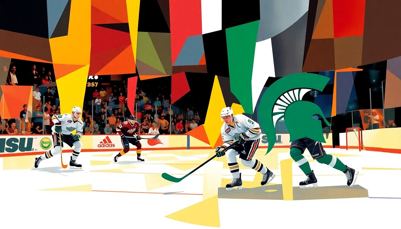 A cubist, geometric painting depicting a fragmented hockey scene, with overlapping planes of color representing the dynamic movement and competition of the sport.