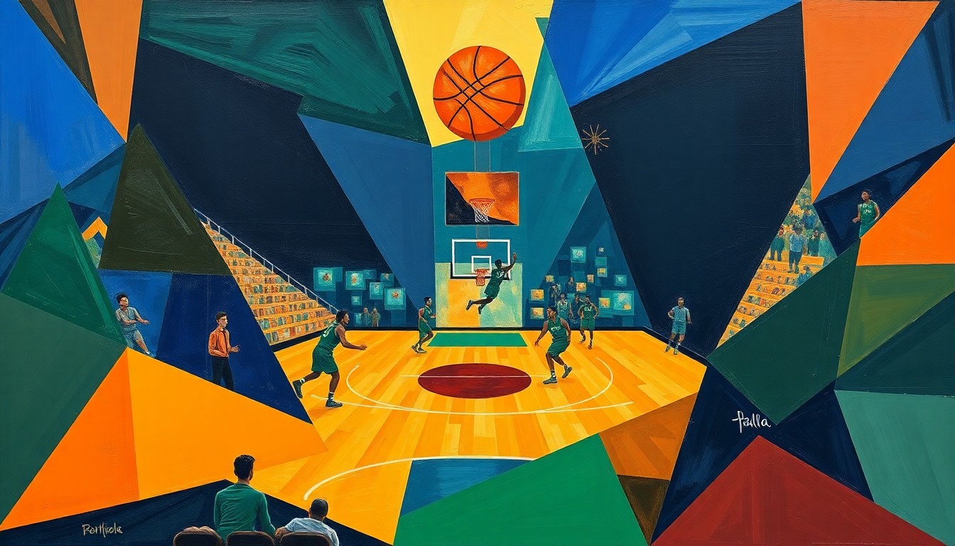 A cubist, geometric painting depicting a fragmented basketball court and players, using bold colors and angular shapes to capture the energy and complexity of the coaching search.