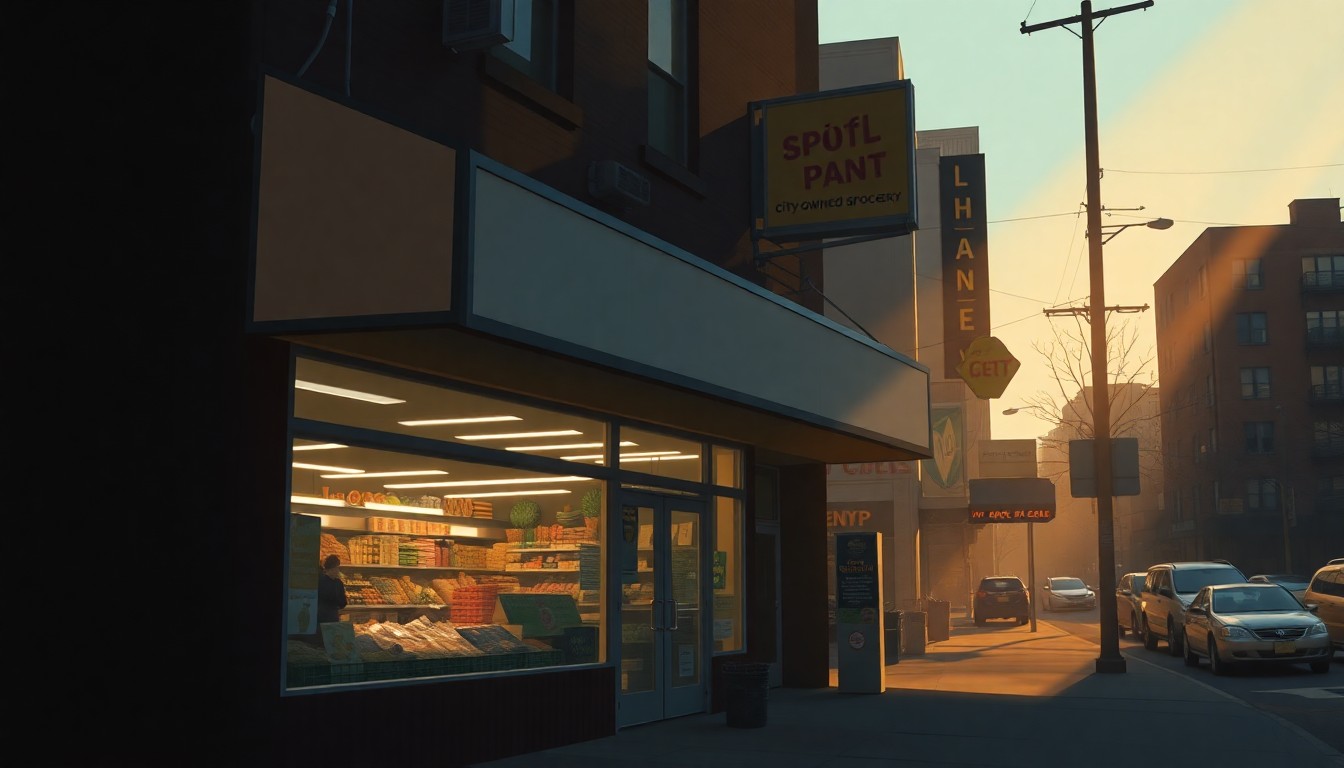 A photorealistic painting of the exterior of a city-owned grocery store in East Harlem, with warm, golden sunlight streaming through the windows and casting long shadows across the sidewalk and storefront. The scene has a nostalgic, cinematic quality, capturing the urban setting and the potential impact of the new store on the neighborhood.