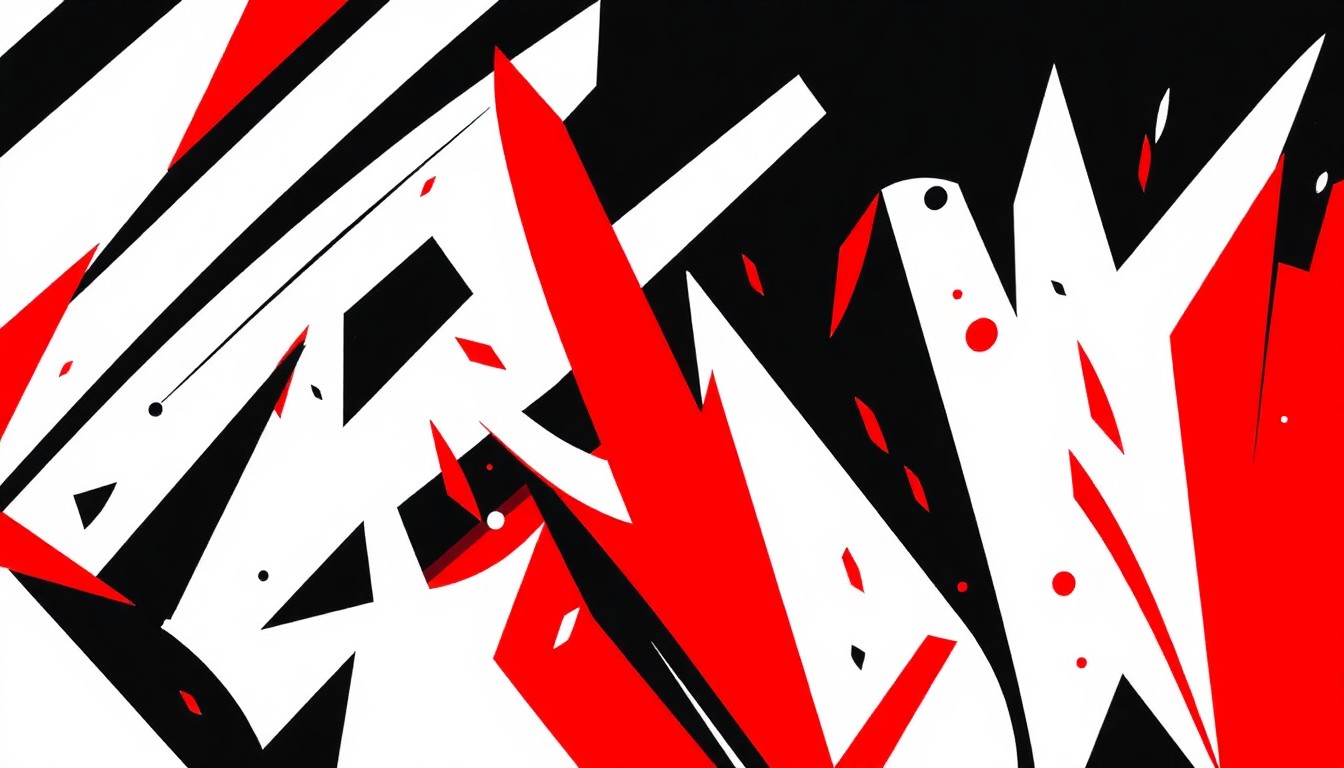 An abstract, minimalist illustration featuring stark black, white, and red geometric shapes arranged in a dynamic, rhythmic composition, capturing the energy and creativity of a music classroom.