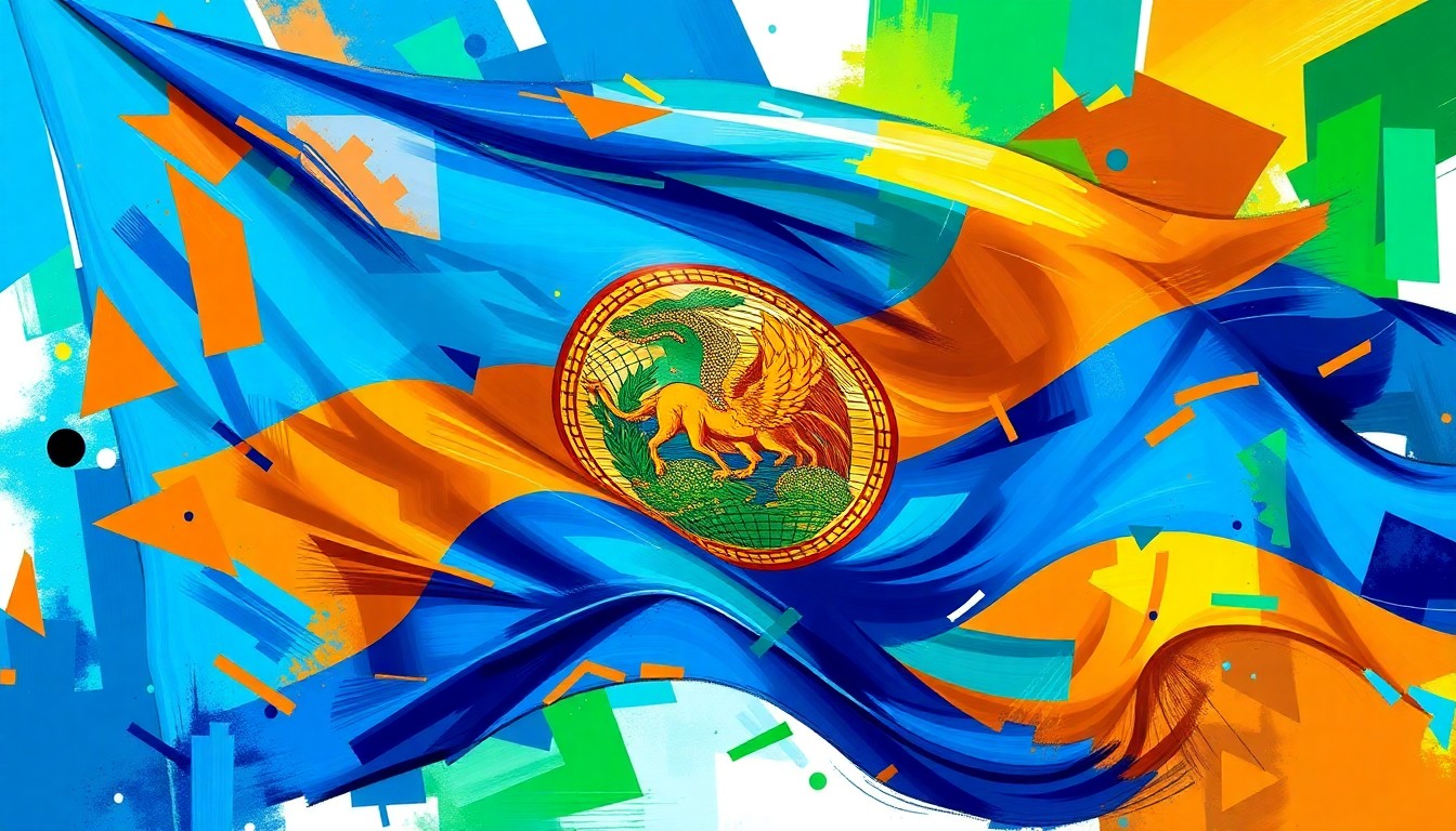 A dynamic, abstract painting featuring overlapping geometric shapes and waves of vibrant blue, orange, and green colors, conceptually representing the competitive and fast-paced nature of the 2026 Florida governor's race.