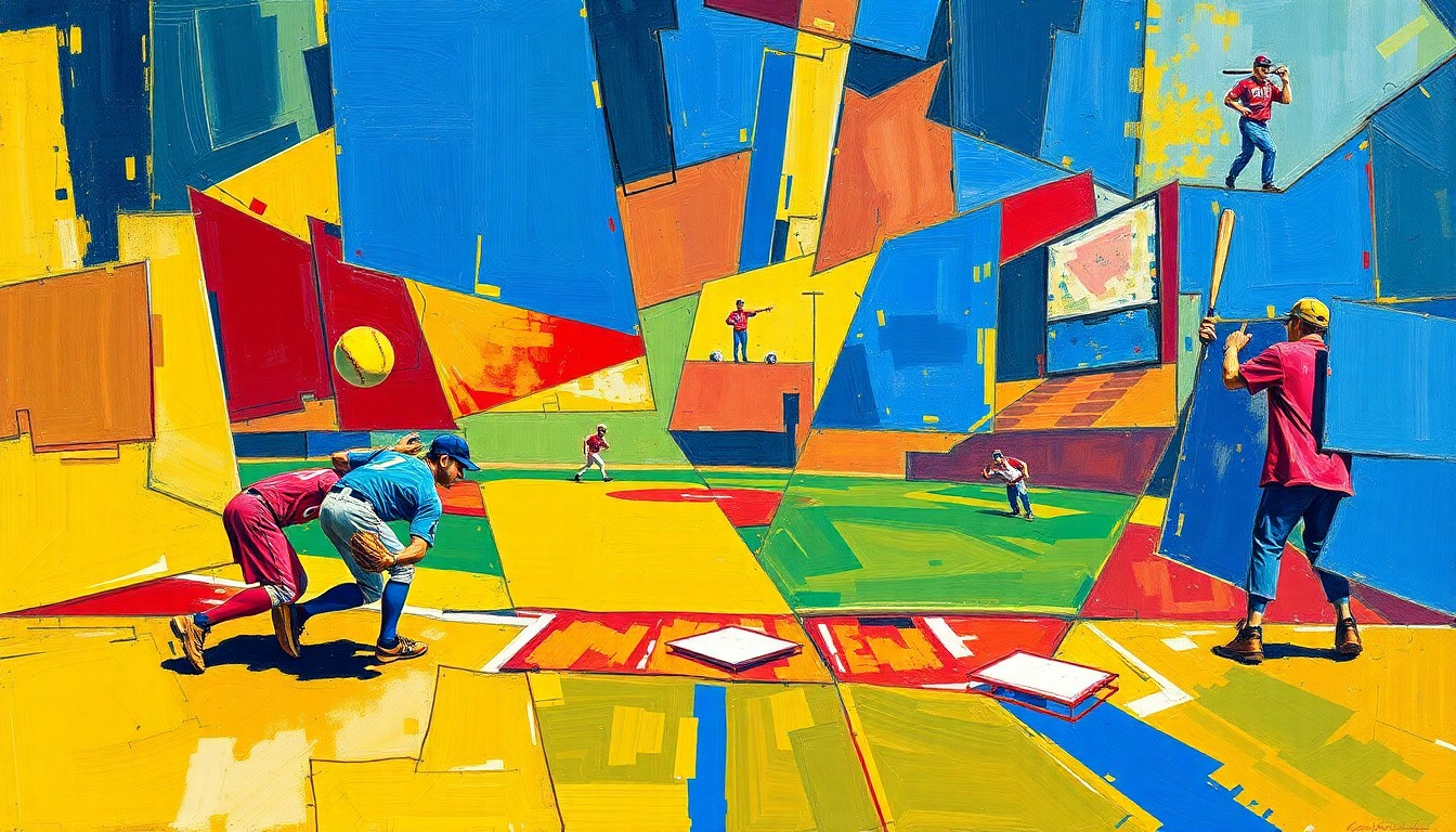 A fragmented, geometric painting depicting the dynamic motion and energy of a softball game, with sharp planes of blue, gold, and crimson colors.