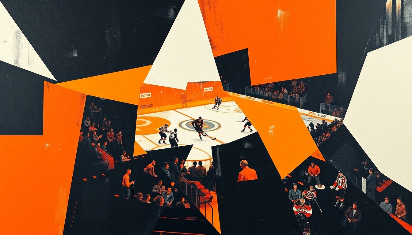 A cubist, geometric painting depicting a Flyers hockey game, with sharp, overlapping planes of orange, black, and white, capturing the energy and movement of the sport.