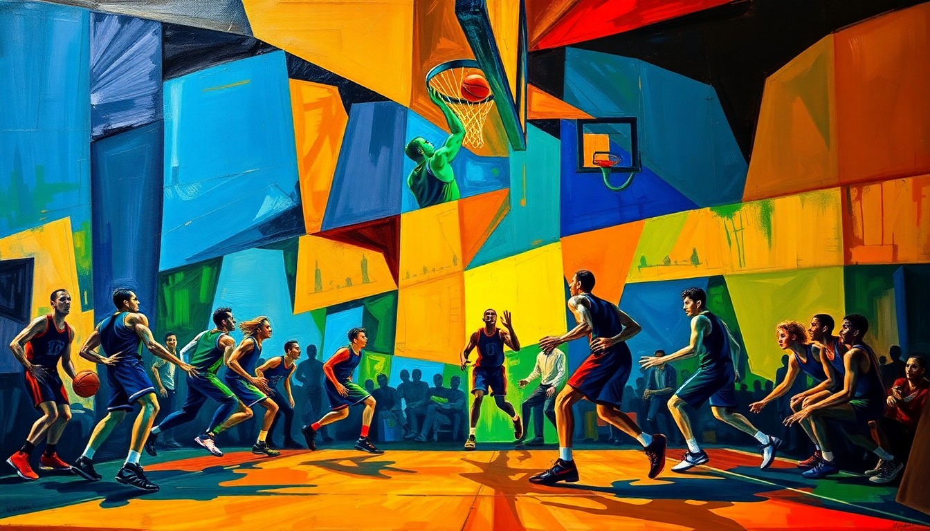 A fractured, multi-perspective painting depicting a basketball game, with the players' forms abstracted into sharp, overlapping geometric shapes in a vibrant color palette of blues, oranges, and greens.
