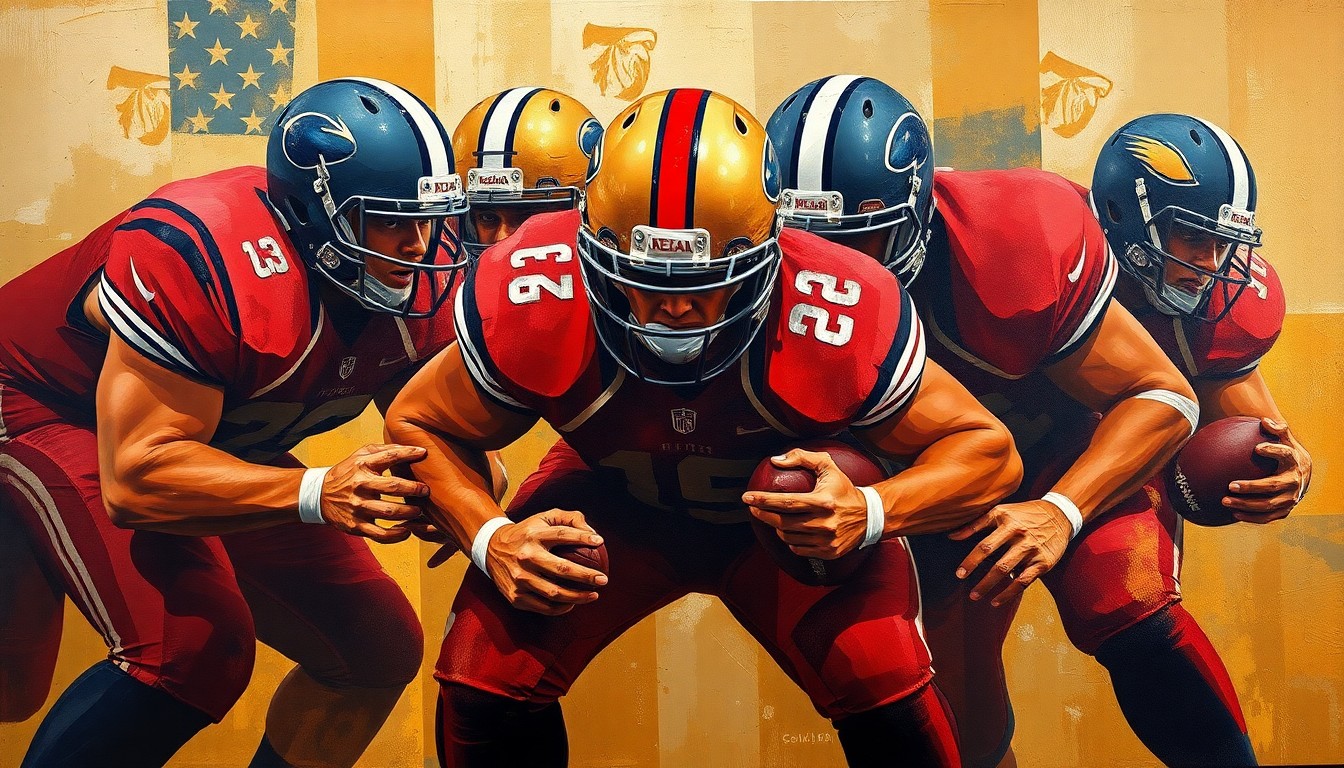 A cubist, geometric painting depicting the fractured, overlapping planes of a football offensive line, with sharp angles and bold colors representing the tensions in the contract dispute between the 49ers and Trent Williams.