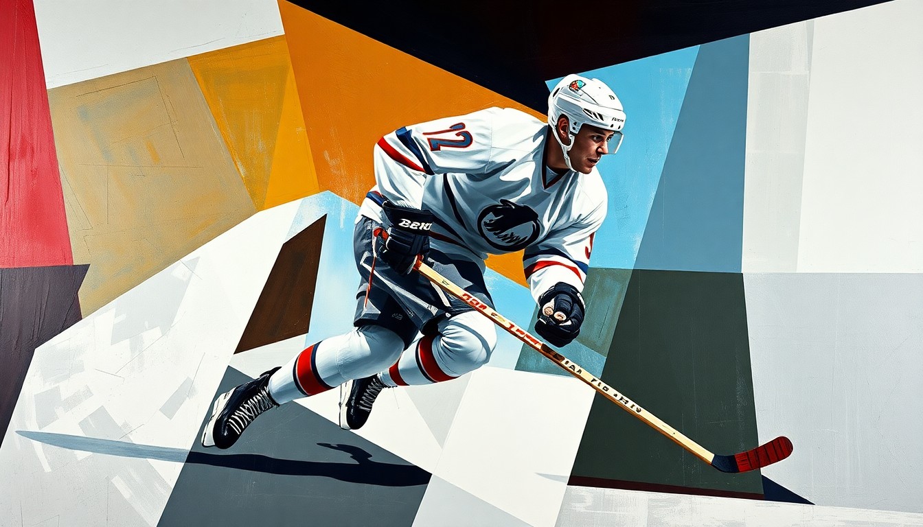 A cubist, geometric painting depicting a hockey player in motion, with their form broken down into sharp, overlapping planes of color and shape.