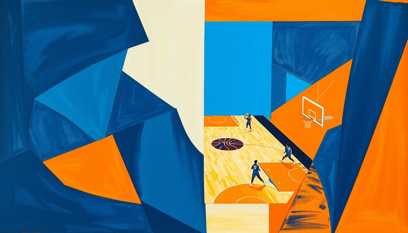 A cubist, geometric painting depicting a fragmented WNBA basketball game, with sharp planes of navy, sky blue, and orange overlapping to create a dynamic, abstract scene.