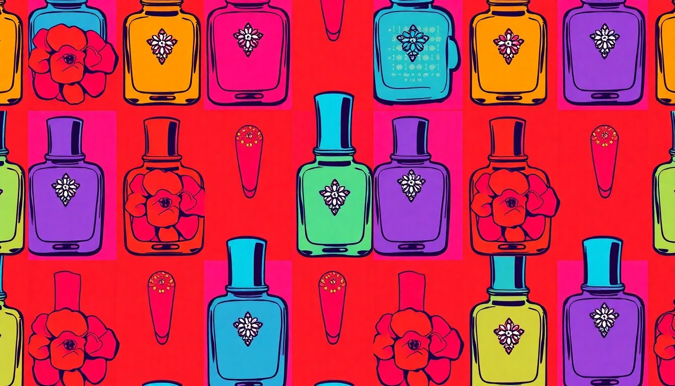 A vibrant, high-contrast silkscreen print featuring a repeating grid of colorful, abstracted floral nail art designs, conceptually representing the bold beauty trends that emerged from Coachella 2026.