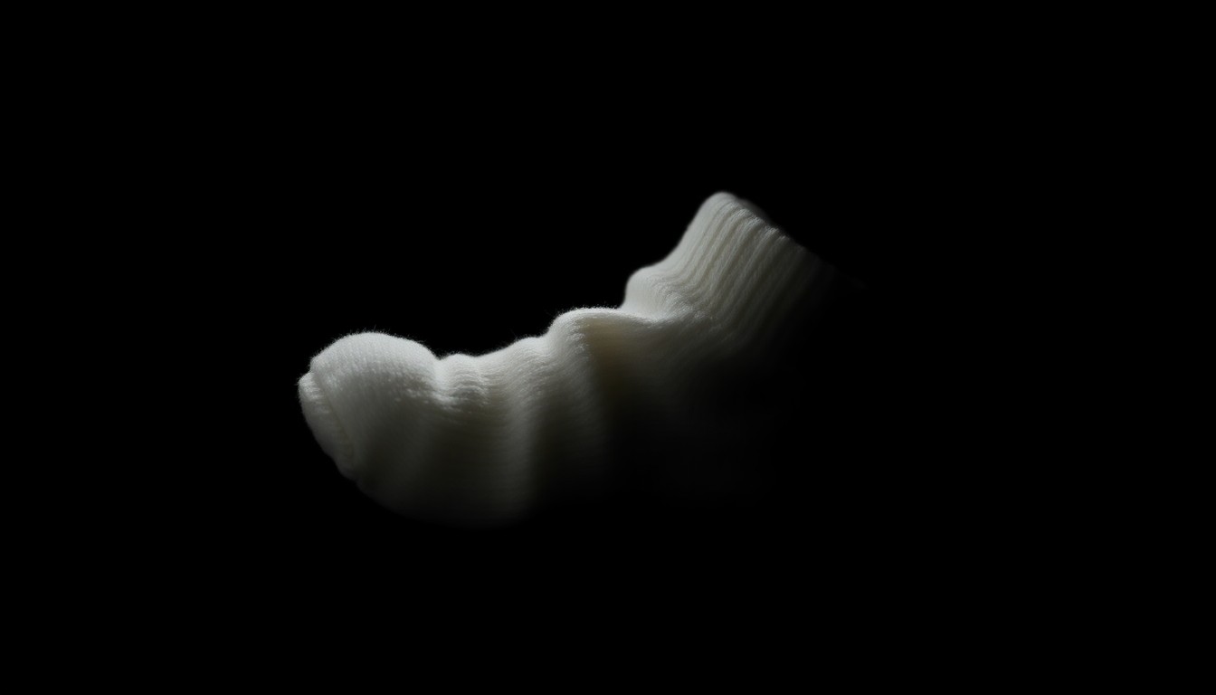 An extreme close-up photograph of a baby's clothing item, such as a tiny sock or shoe, lit by a harsh, direct camera flash against a pitch-black background, creating a stark, gritty, investigative aesthetic that conceptually represents the reopening of a long-dormant murder investigation.