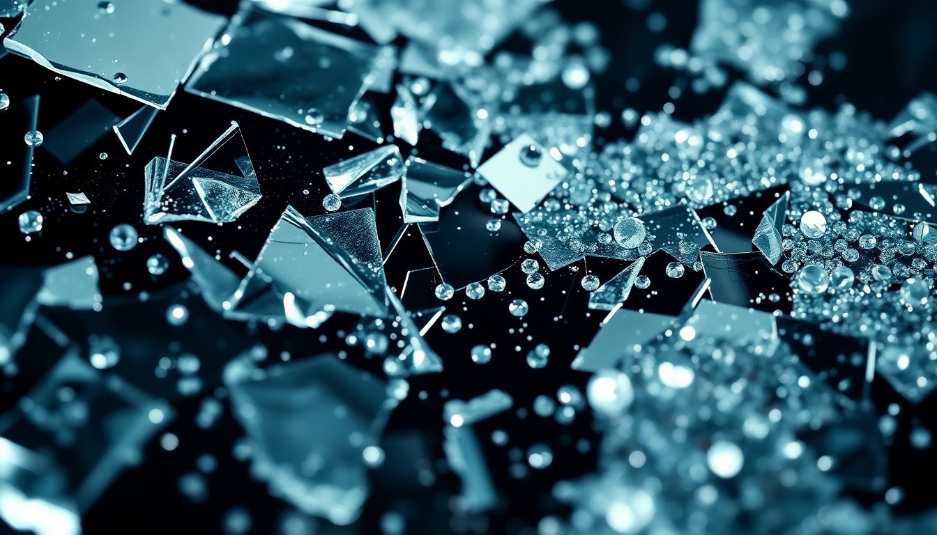 An abstract close-up photograph of shattered glass and glittering sequins, capturing the fragility and glamour of celebrity culture.