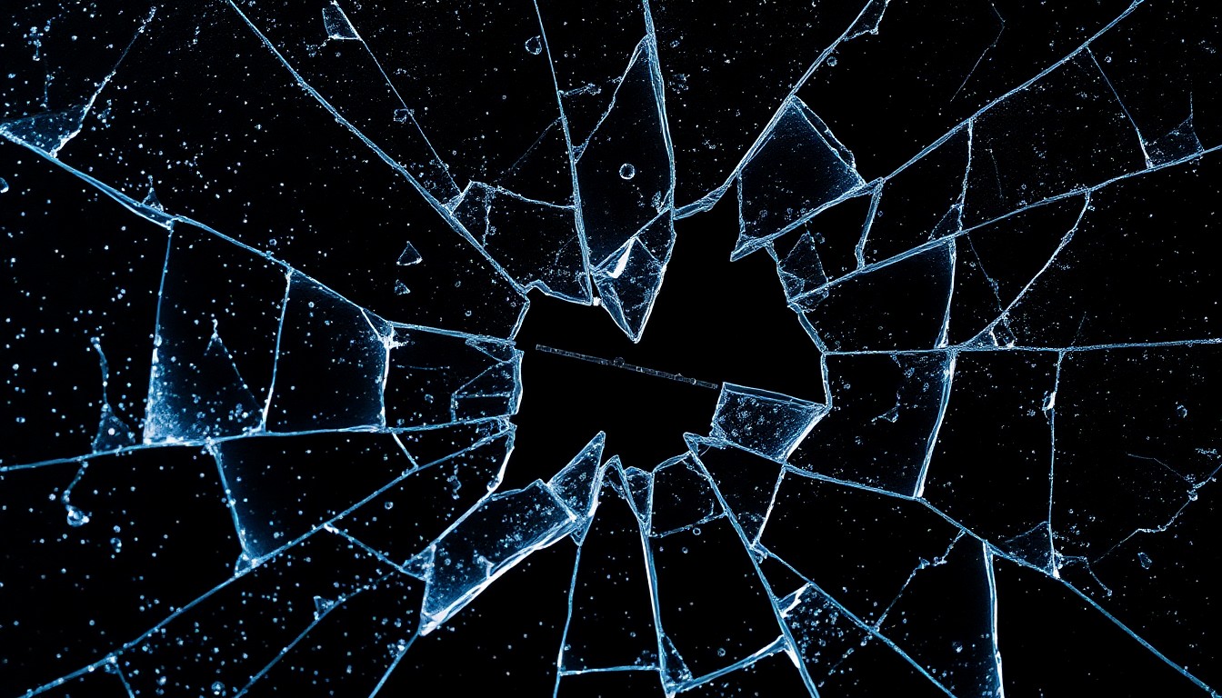 An extreme close-up of a shattered, glittering glass surface reflecting dramatic studio lighting, conceptually representing the fragility and danger inherent in extreme sports.