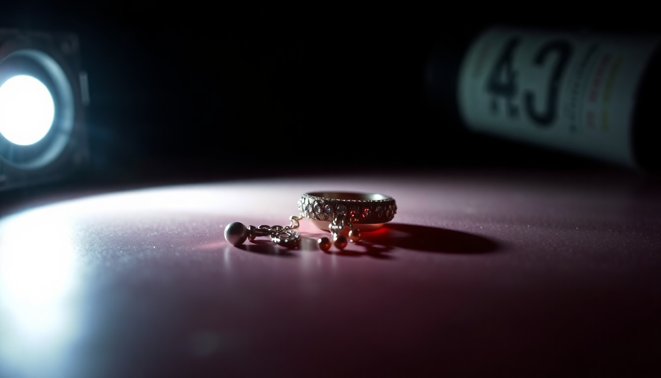 An extreme close-up photograph of a personal item related to the Janell Carwell murder case, such as a necklace or bracelet, lit by a harsh, direct camera flash against a pitch-black background, conveying a stark, gritty, investigative aesthetic.