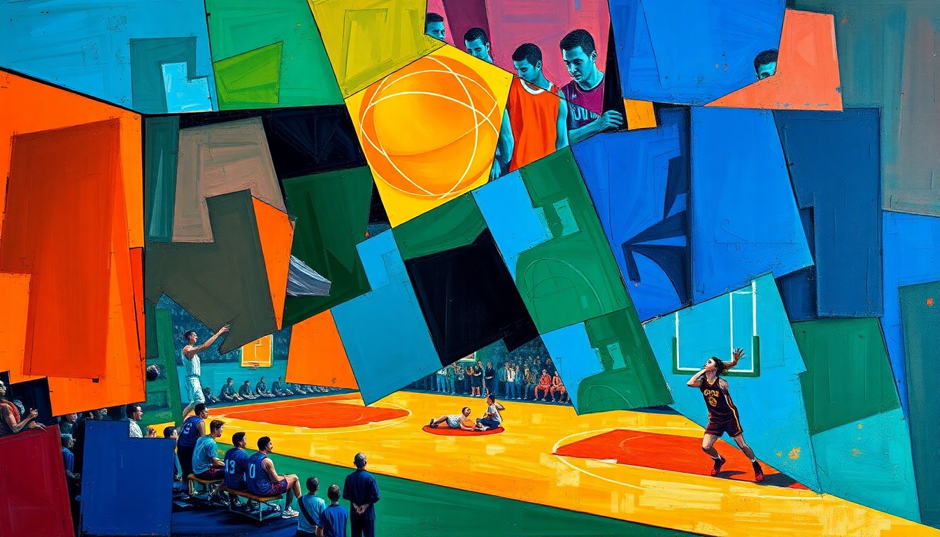 A cubist, geometric painting depicting a basketball game or match, with sharp, overlapping planes of color representing the players and action on the court.