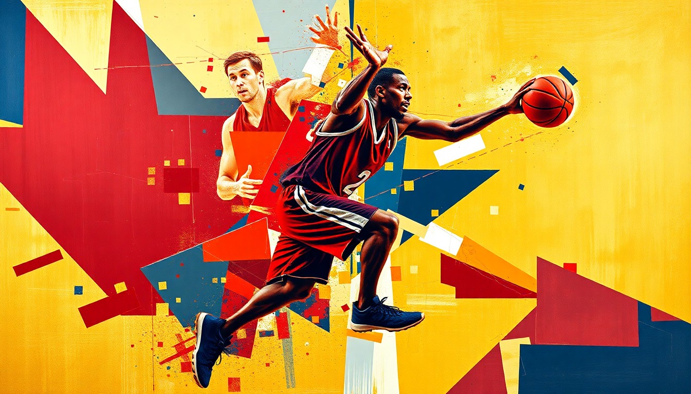 A fragmented, geometric painting depicting the fluid motion and athleticism of a basketball player, rendered in bold, contrasting colors that create a sense of dynamism and movement.