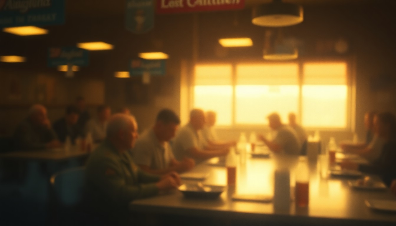 An abstract, impressionistic scene of soldiers dining in a military mess hall, captured through a soft, out-of-focus lens that creates a warm, dreamlike atmosphere.