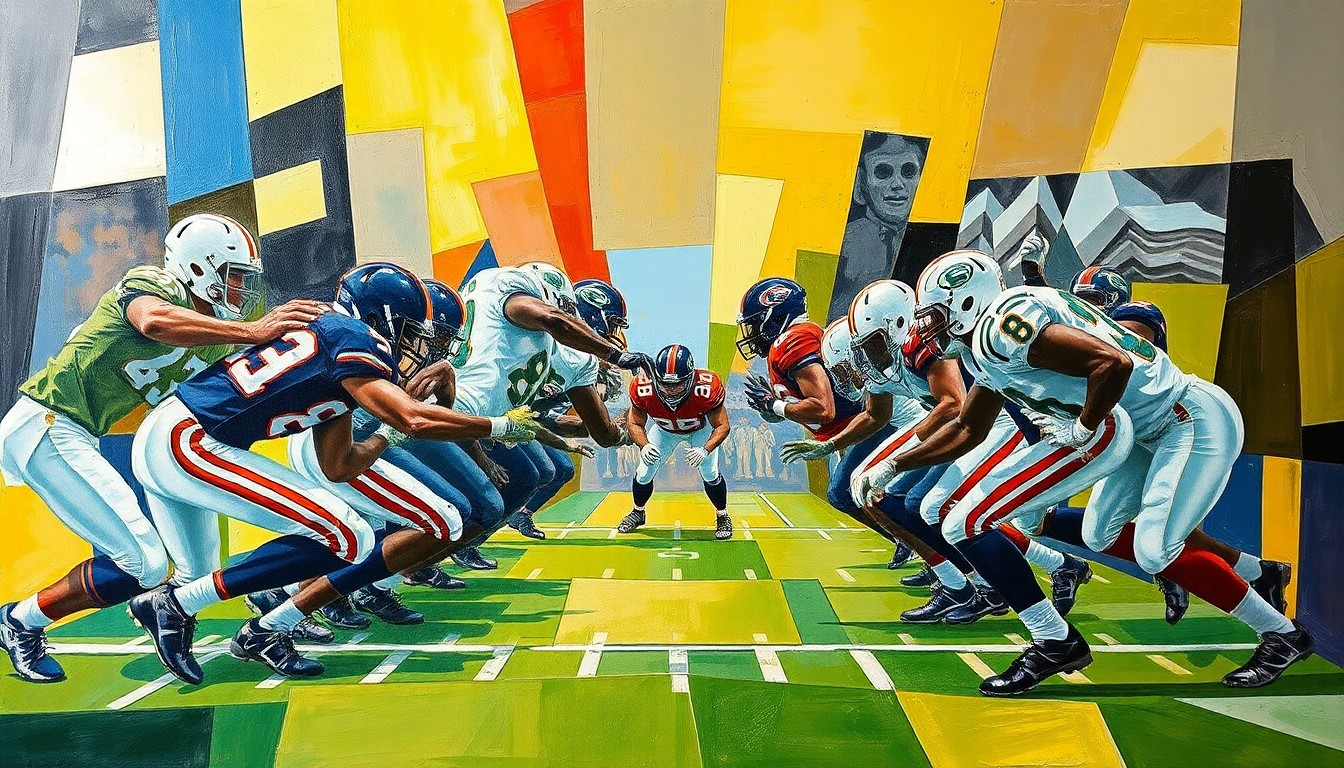 A cubist-style painting depicting an abstract, fragmented scene of an offensive line battle, with sharp geometric shapes and planes representing the physical clash between players.