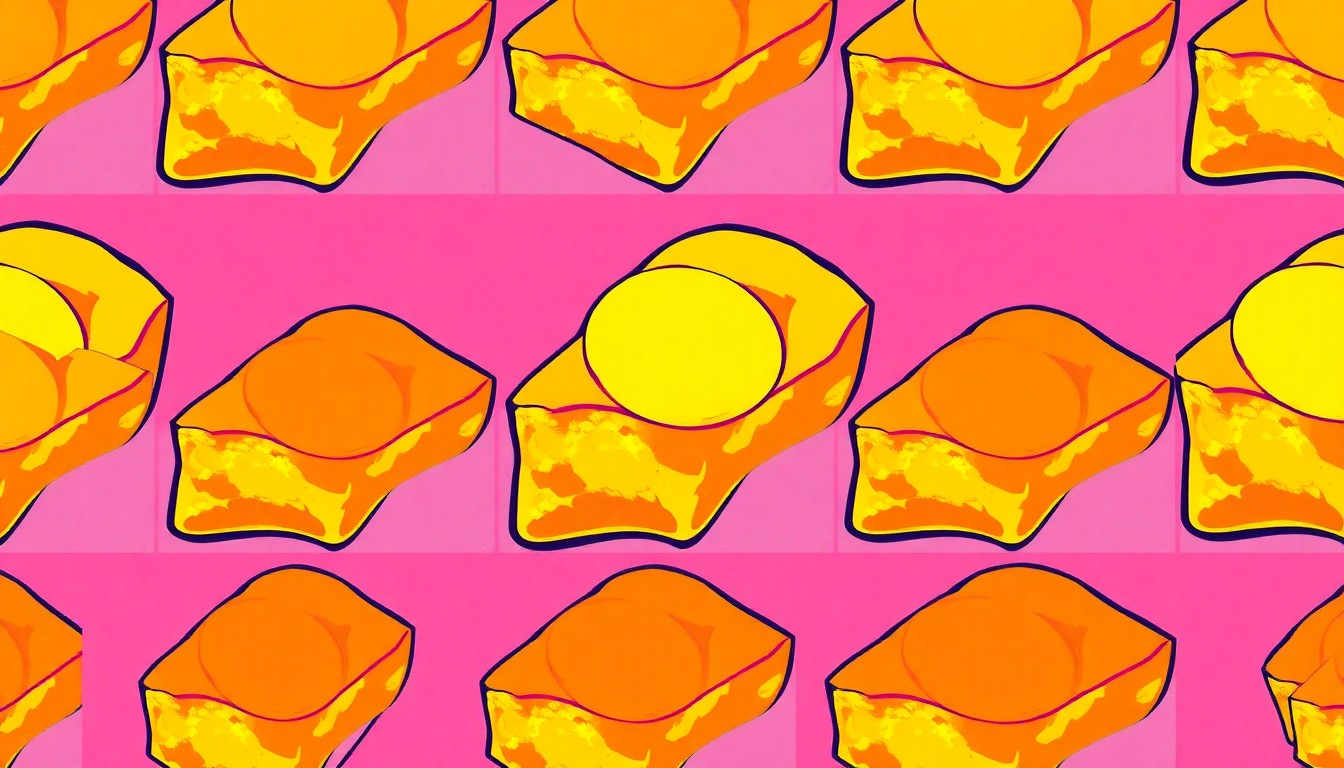 A brightly colored, high-contrast silkscreen print of a single, iconic peach cobbler slice repeated in a tight grid pattern, utilizing flat, vibrant, and unnatural neon color palettes overlapping with heavy black photographic outlines to turn the everyday dessert into modern pop art.