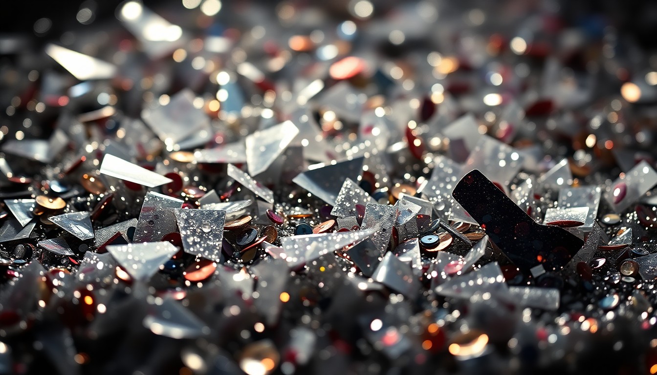 An extreme close-up photograph of shattered glass and glittering sequins, capturing the high-energy, high-stakes atmosphere of WrestleMania.