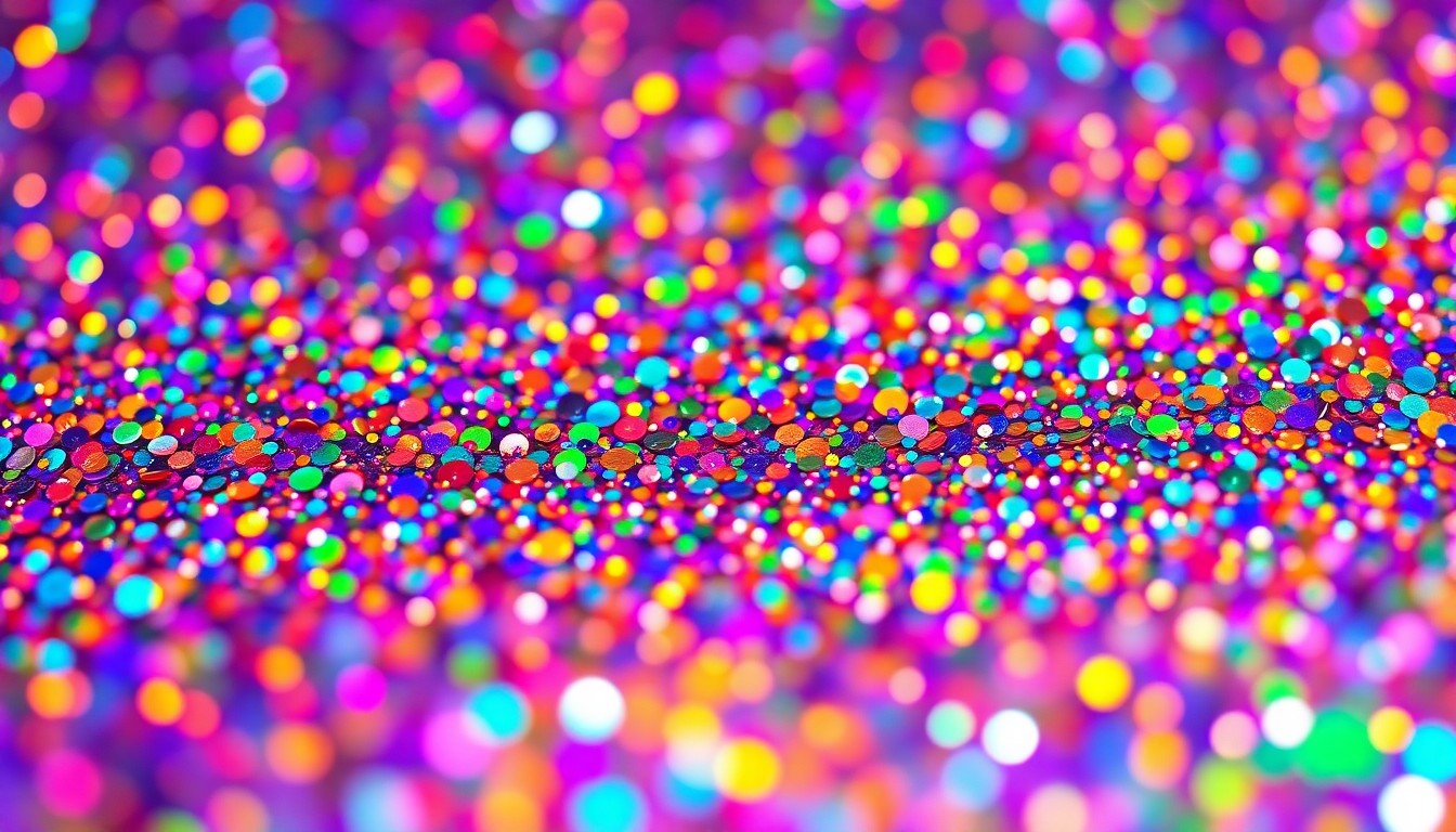 An abstract, high-contrast close-up photograph of shimmering, glittering sequins in a vibrant rainbow of colors, evoking the energy and glamour of a music festival.