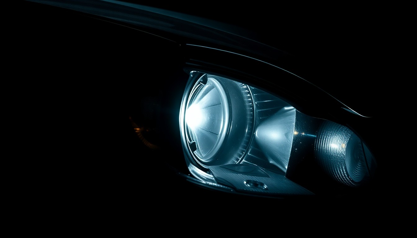 An extreme close-up photograph of a damaged car part, such as a shattered headlight or crumpled fender, lit by a harsh, direct camera flash against a pitch-black background, conceptually illustrating the aftermath of a tragic collision.