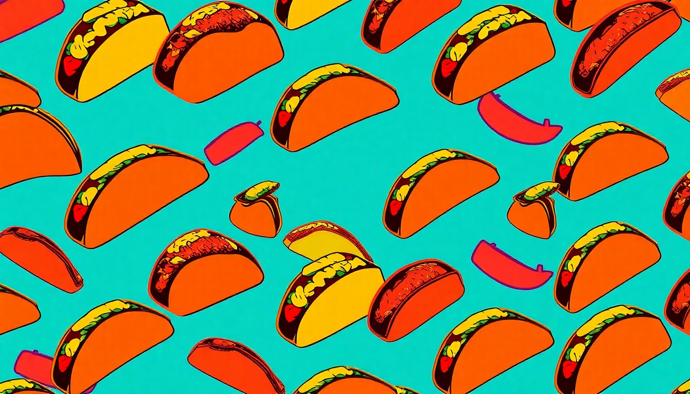 A high-contrast silkscreen print featuring a repeating grid of a single Mexican food item, such as a taco or tamale, rendered in a bold, neon color palette with heavy black outlines, capturing the creative and elevated approach to traditional Mexican cuisine at Maria Isabel.