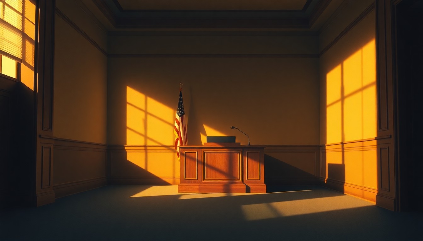 A serene, cinematic painting depicting a government office desk or podium in soft, warm light and deep shadows, conveying a sense of quiet contemplation and the importance of state institutions in times of crisis.