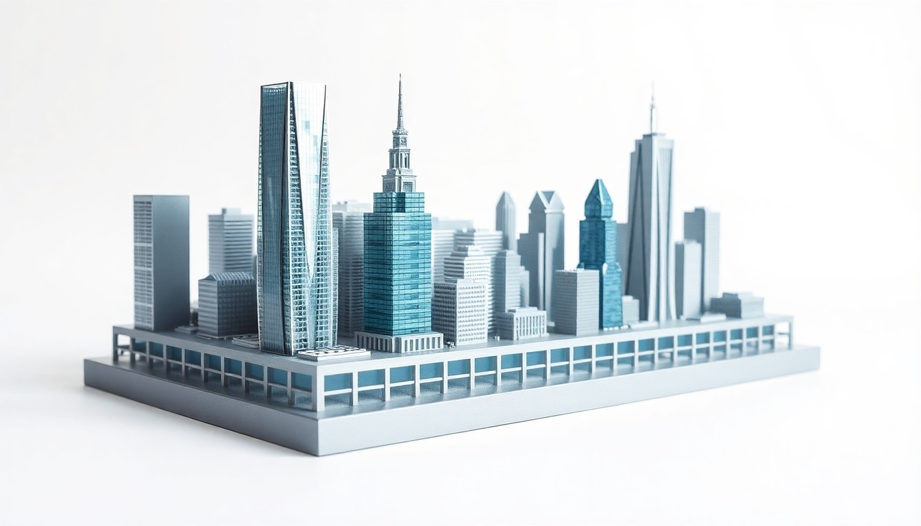 A photorealistic studio still life featuring a miniature model of a modern city skyline made from polished metal and glass, floating on a clean white background, conceptually representing urban redevelopment and civic infrastructure.