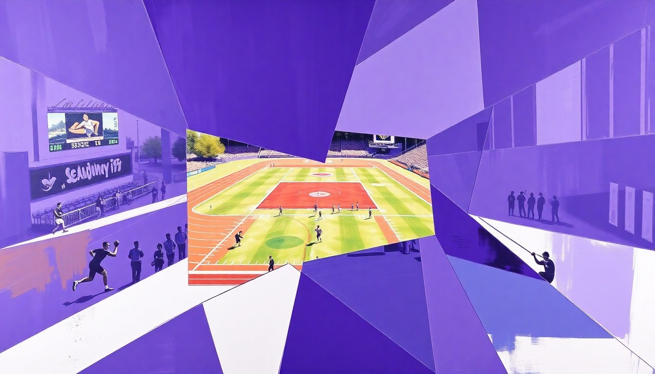 A fragmented, cubist-style painting depicting the dynamic motion and energy of a track and field event or baseball game, with sharp geometric shapes and planes in Tarleton State's purple and white colors.