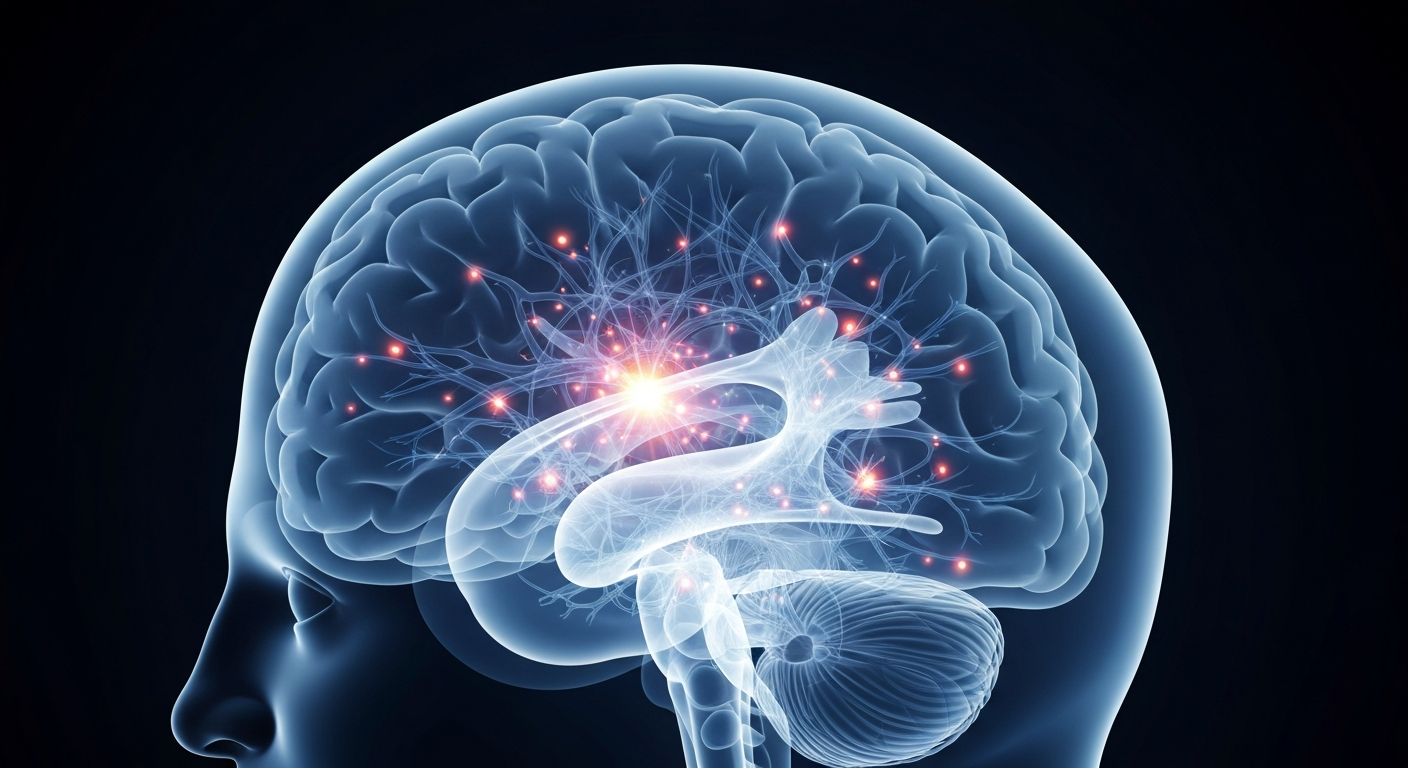 A highly detailed, translucent x-ray image showing the intricate structures of a human brain, with glowing neural pathways and anatomical features, conveying the complex healthcare needs of people with developmental disabilities.
