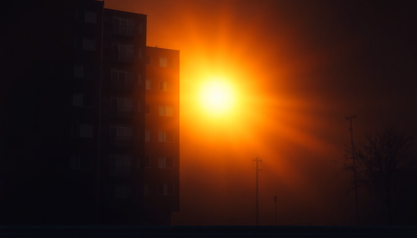 A photorealistic painting of a multi-story apartment building in warm, golden sunlight, with deep shadows casting across the facade, conceptually representing the housing affordability crisis.