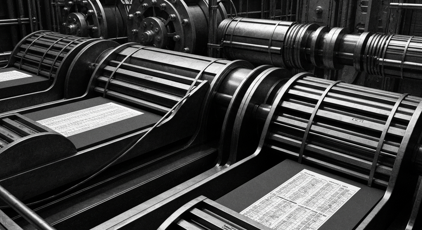 A high-contrast, industrial black and white close-up of intricate financial machinery and infrastructure, conceptually representing the regulatory oversight and operational details of an investment fund.