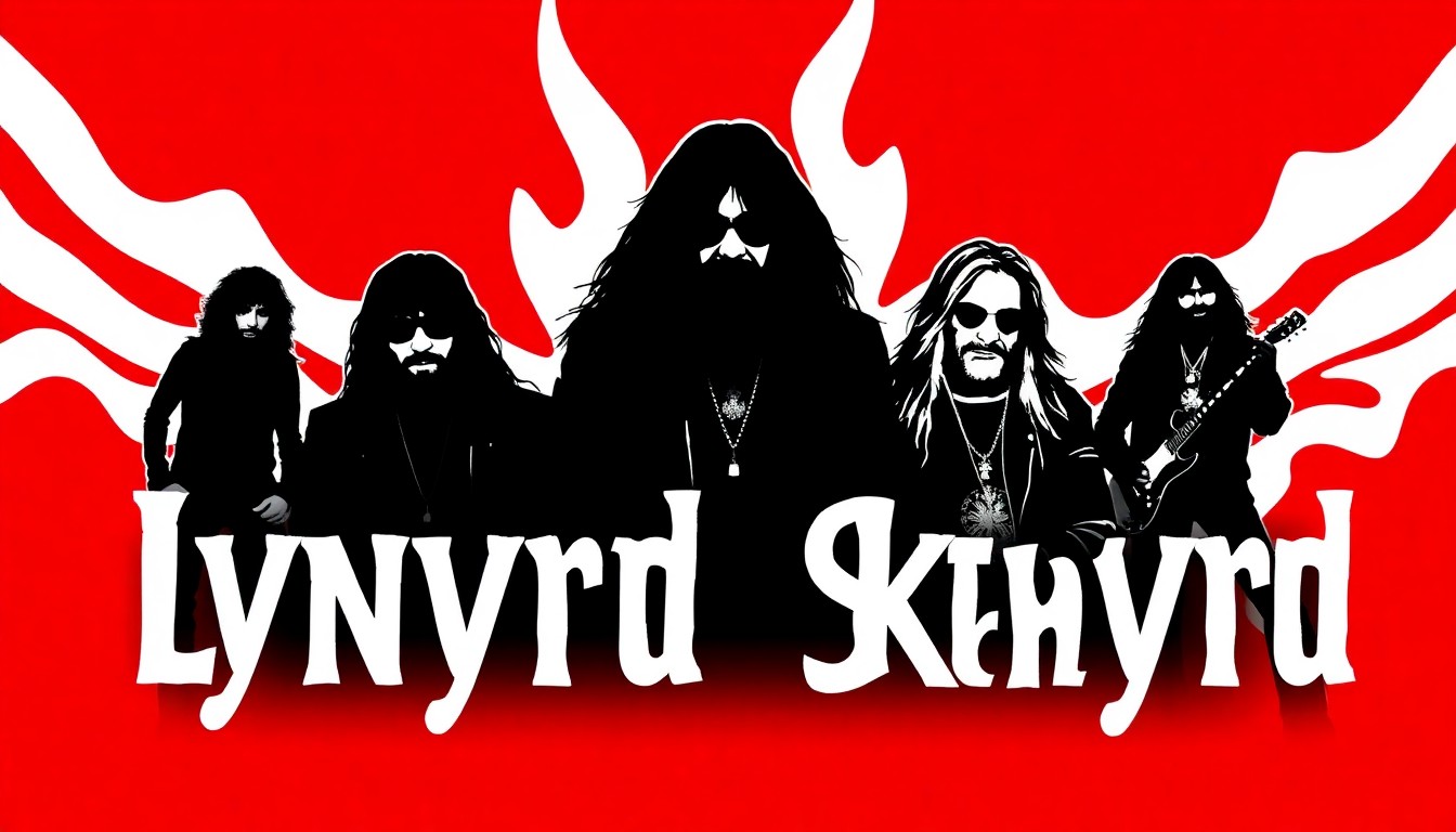 A striking black and white illustration featuring the bold, jagged silhouettes of the members of Lynyrd Skynyrd, conceptually representing the band's powerful and enduring rock music legacy.