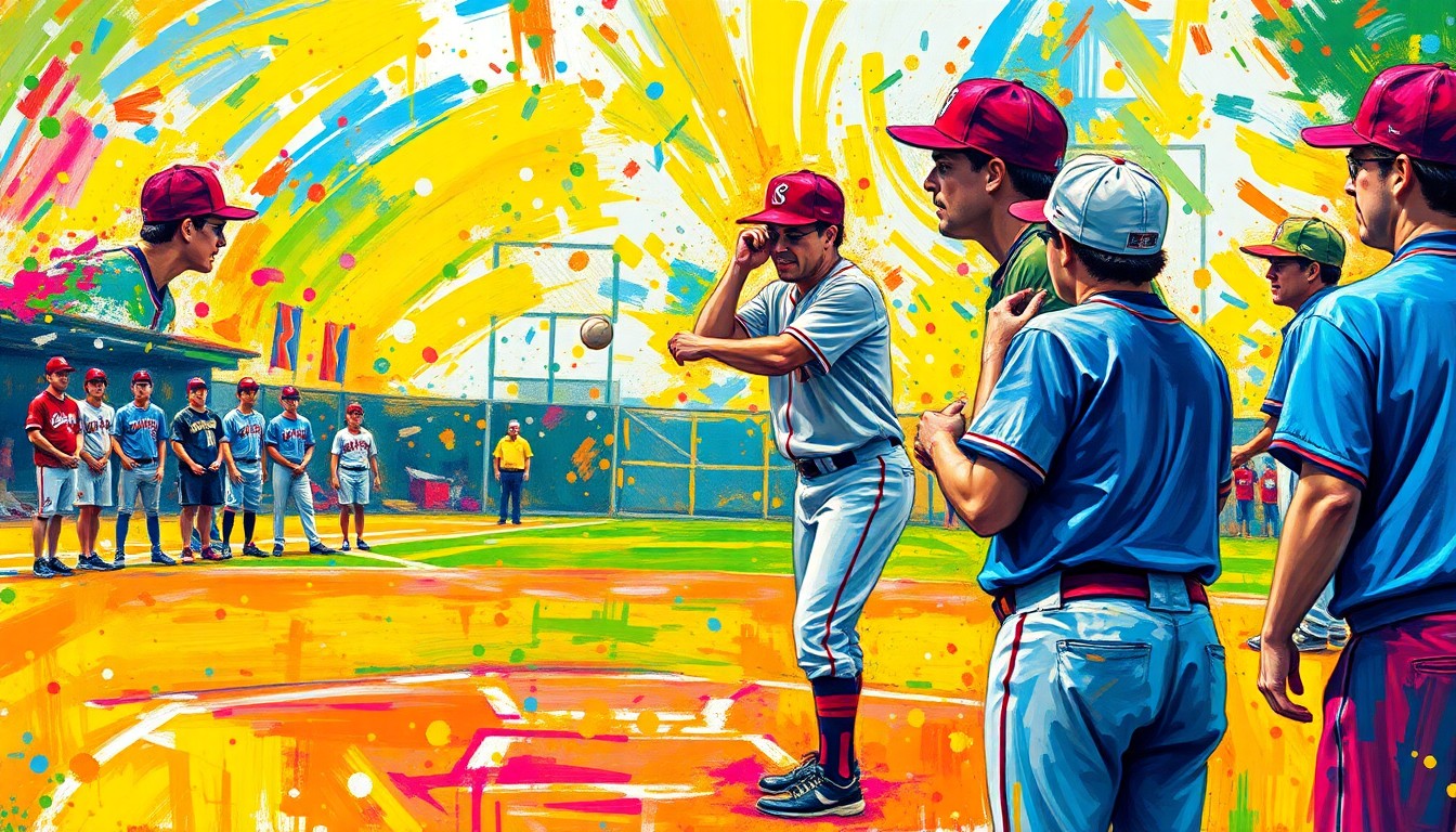 An abstract, expressionist painting in vibrant neon colors depicting the energy and emotion of a softball game, with the ceremonial first pitch being the central focus. The players' faces and uniforms are dissolved into unrecognizable splatters of paint, but the overall scene conveys a sense of excitement and camaraderie.