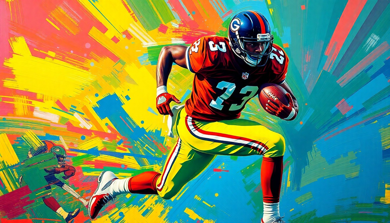 An abstract, expressionist painting in neon colors depicting the dynamic motion and energy of an American football player in action, conveying the excitement and anticipation of the NFL draft process.