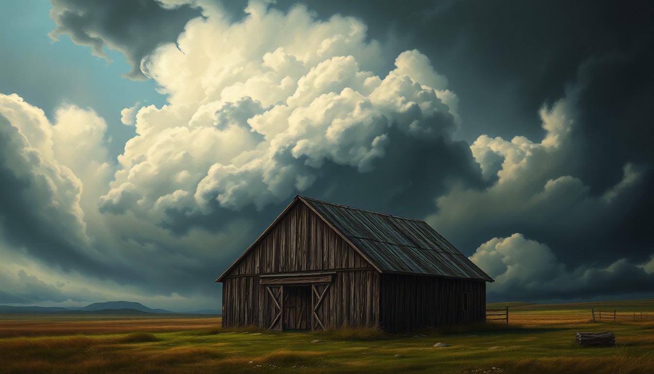 A weathered, dilapidated barn structure dwarfed by an ominous, swirling storm system of heavy clouds and dramatic lighting, conveying the overwhelming power of nature.