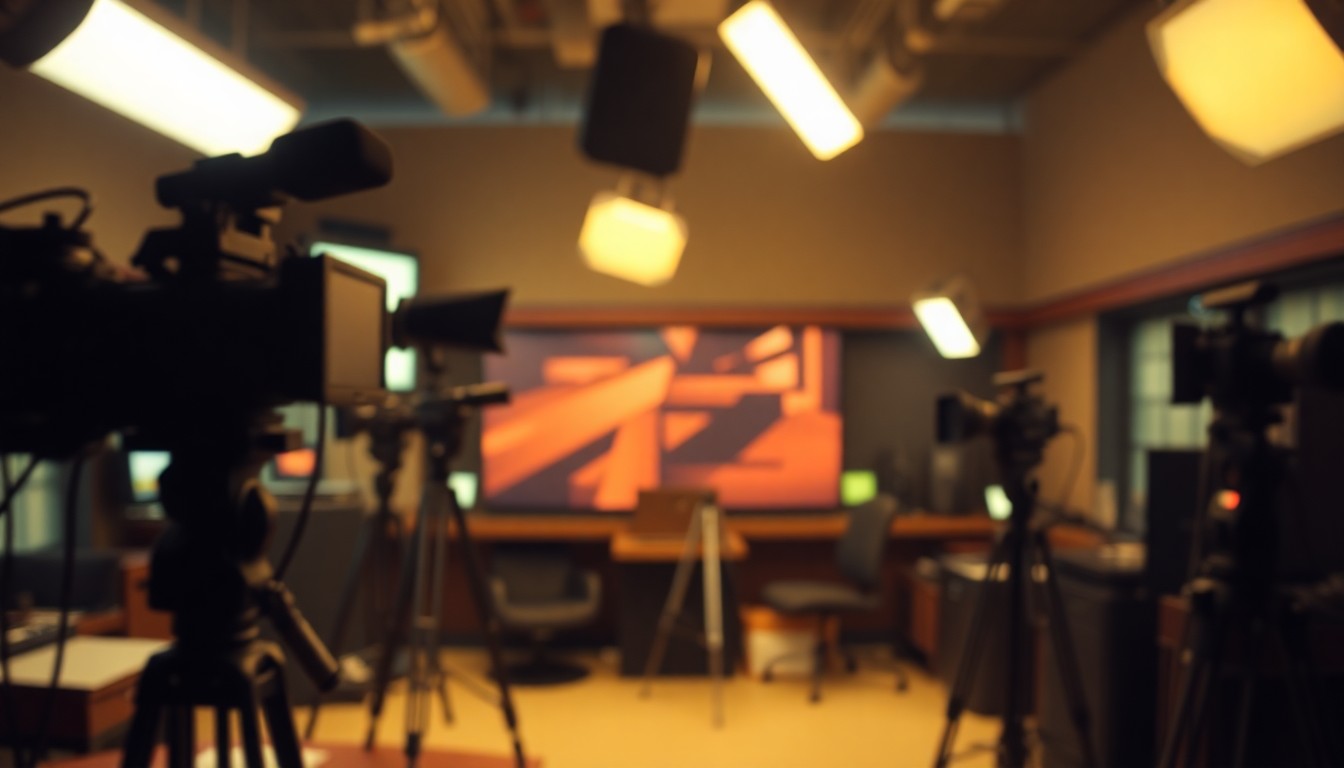 An abstract, out-of-focus photograph in warm, muted tones depicting the blurred silhouettes of news studio equipment, conveying the nostalgic atmosphere of local television news.