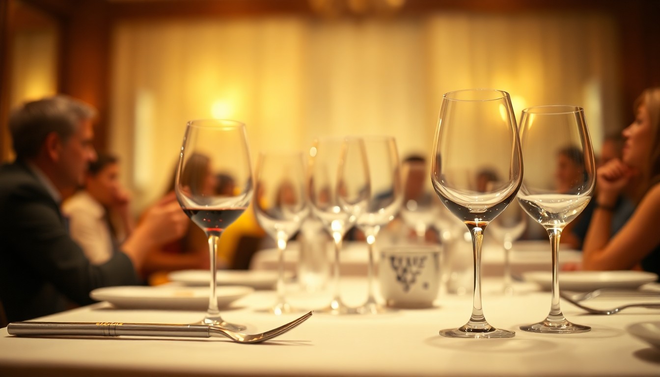 An abstract, out-of-focus photograph in soft, warm tones depicting the blurred silhouettes of people dining at a table, with the faint outlines of wine glasses and silverware in the foreground, conveying the intimate, indulgent atmosphere of a high-end wine pairing event.