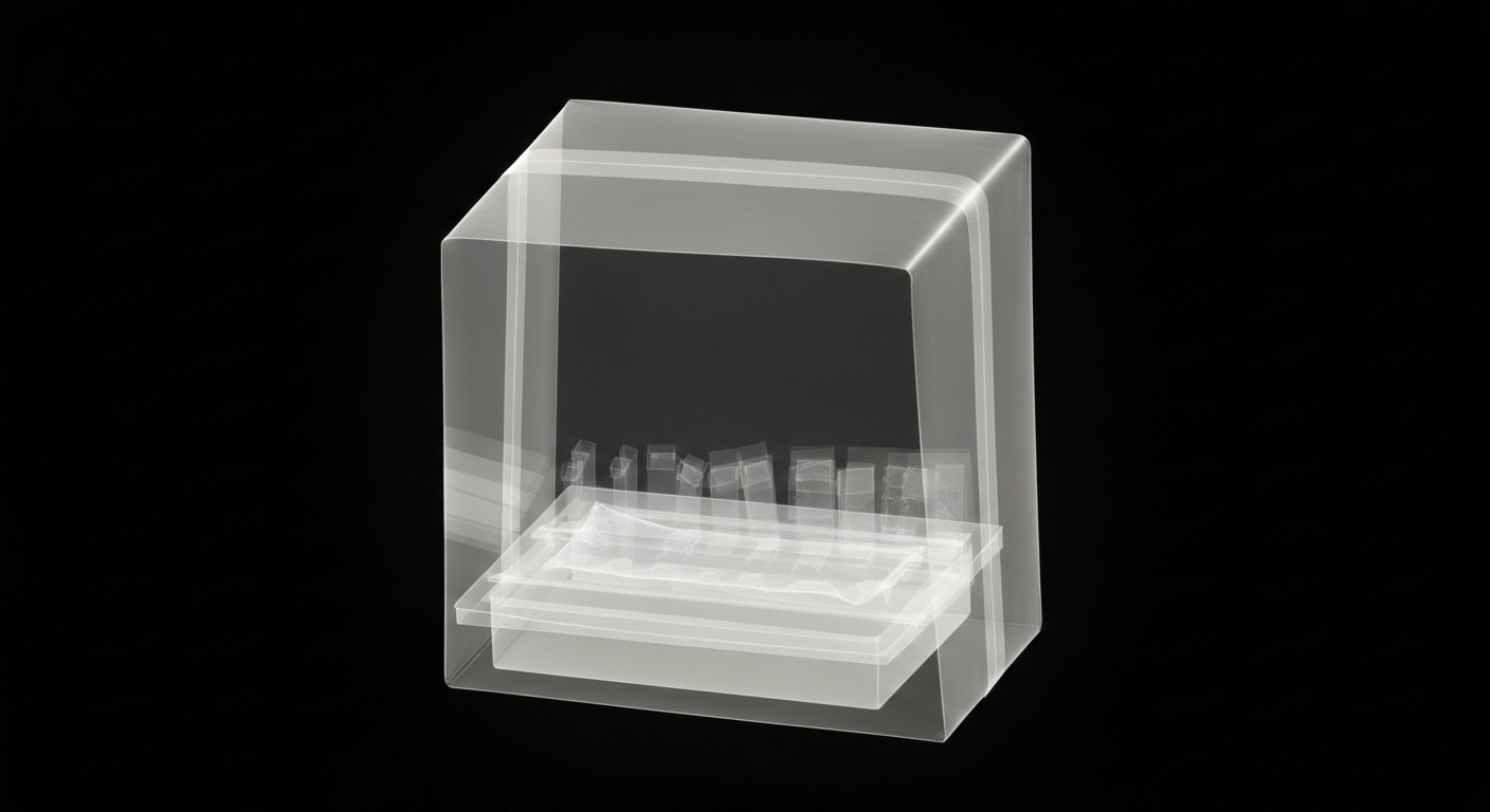 A ghostly X-ray image of a medical package or delivery box, revealing its internal structure and components in glowing lines against a dark background, conceptually representing the importance of reliable telehealth fulfillment.
