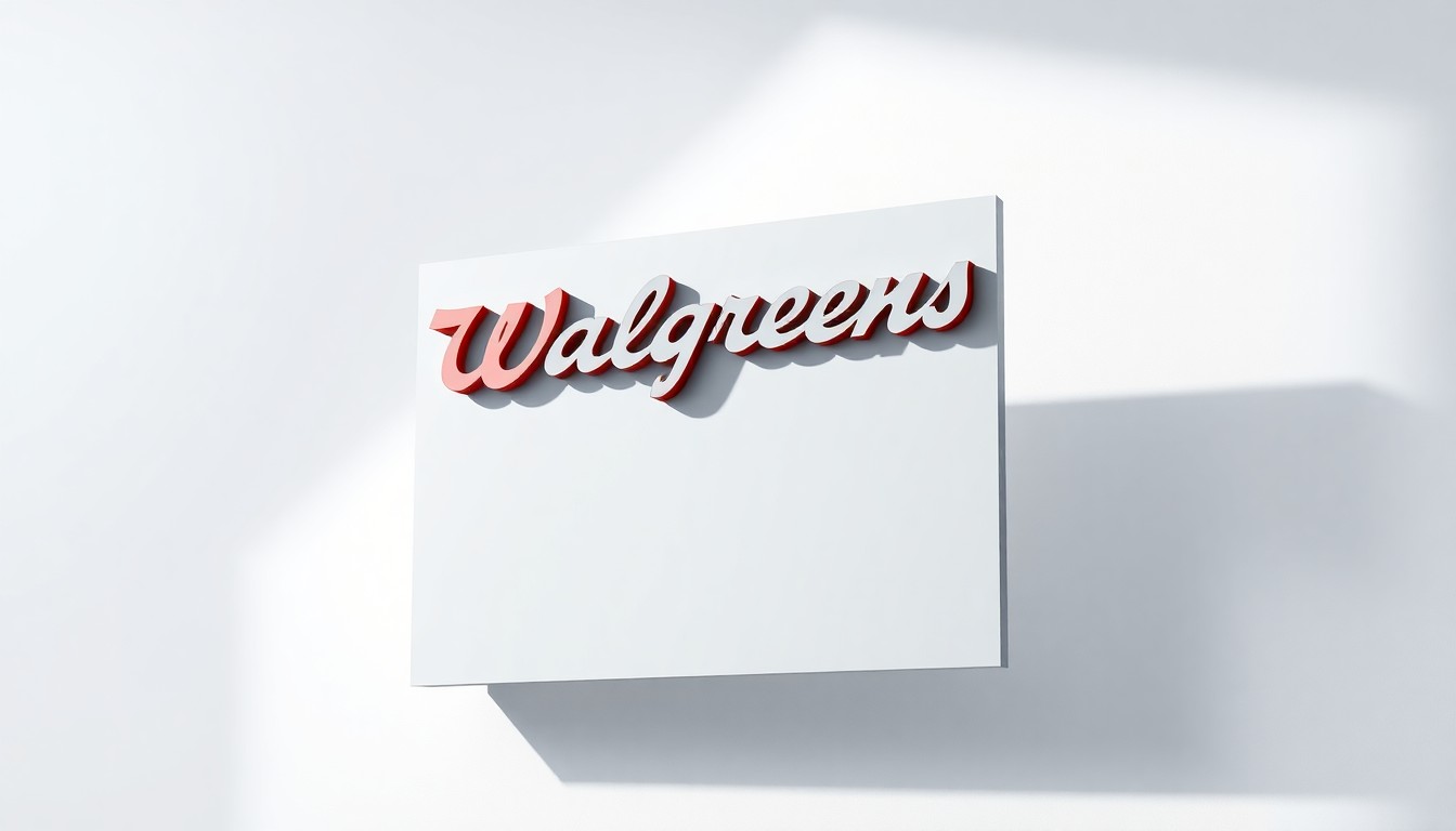 A polished, geometric Walgreens-branded sign or storefront facade element floating on a clean, monochromatic background, dramatically lit to represent the abstract concepts of corporate real estate investment.