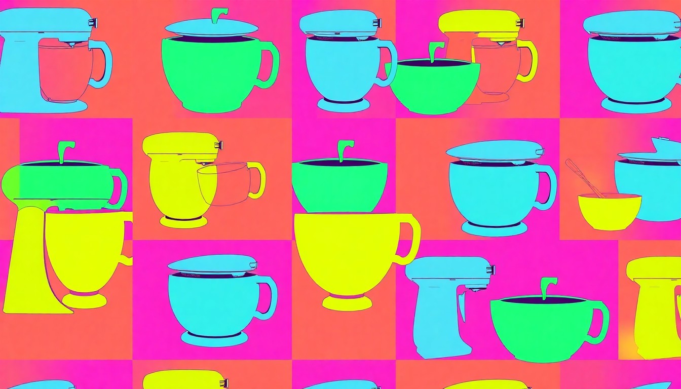 A vibrant, abstract silkscreen print featuring a repeated pattern of a single kitchen object, such as a coffee maker or mixing bowl, in a grid of neon colors and heavy black outlines, conceptually representing the modern, artistic aesthetic of kitchen remodeling trends.