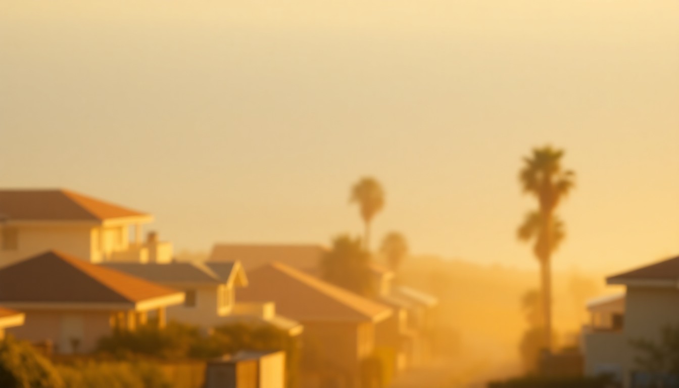 An abstract, impressionistic scene of a coastal neighborhood, with blurred shapes and warm, glowing light, conveying the atmospheric mood of a water-prone area.