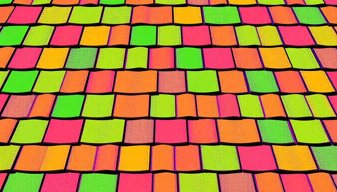 A repeating grid of brightly colored, high-contrast silkscreen roofing shingle tiles in neon hues, conceptually representing the importance of proactive roof care.