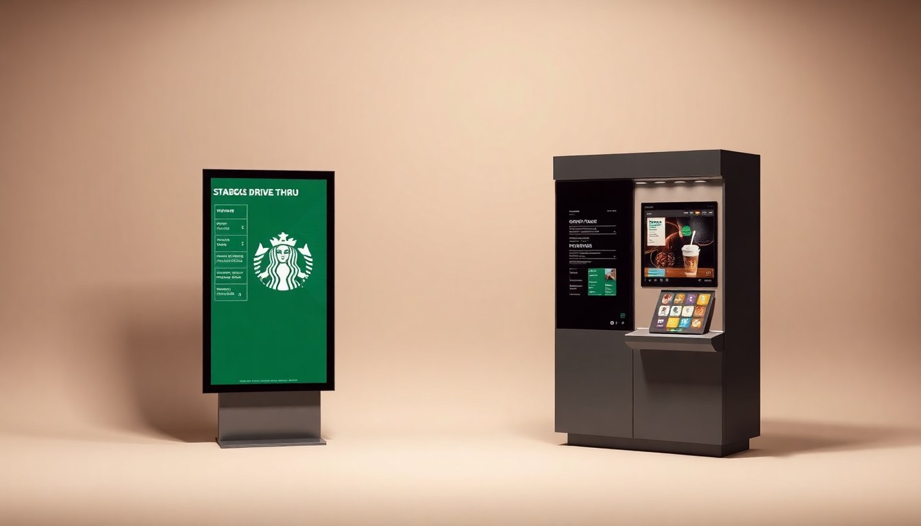 A minimalist, high-end studio still life photograph featuring a sleek, modern Starbucks drive-thru menu board and ordering kiosk, arranged elegantly on a clean, monochromatic background with dramatic lighting and shadows, conceptually representing the evolution of retail strategies.