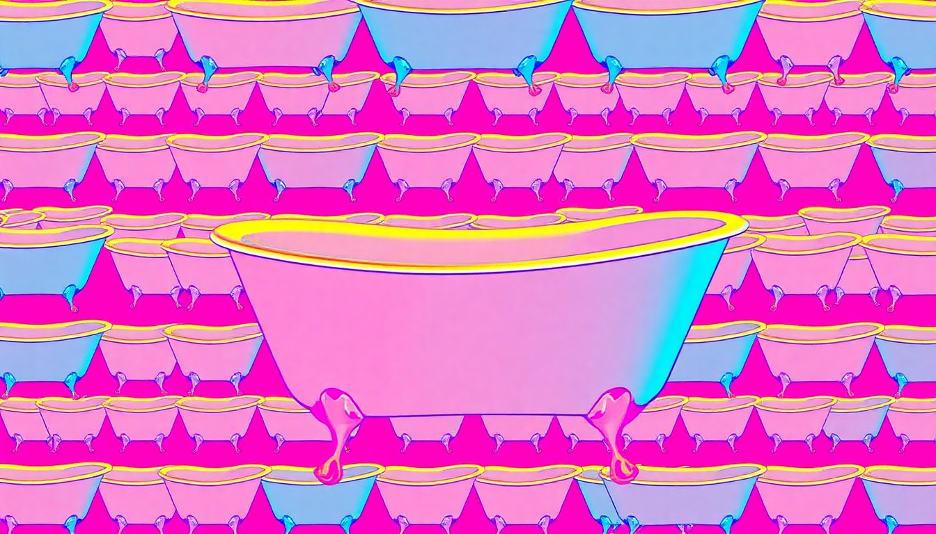 A bold, colorful silkscreen-style illustration featuring a repeated pattern of a modern freestanding bathtub in bright neon shades, conceptually representing the vibrant design trends shaping bathroom renovations in Decatur, Georgia.