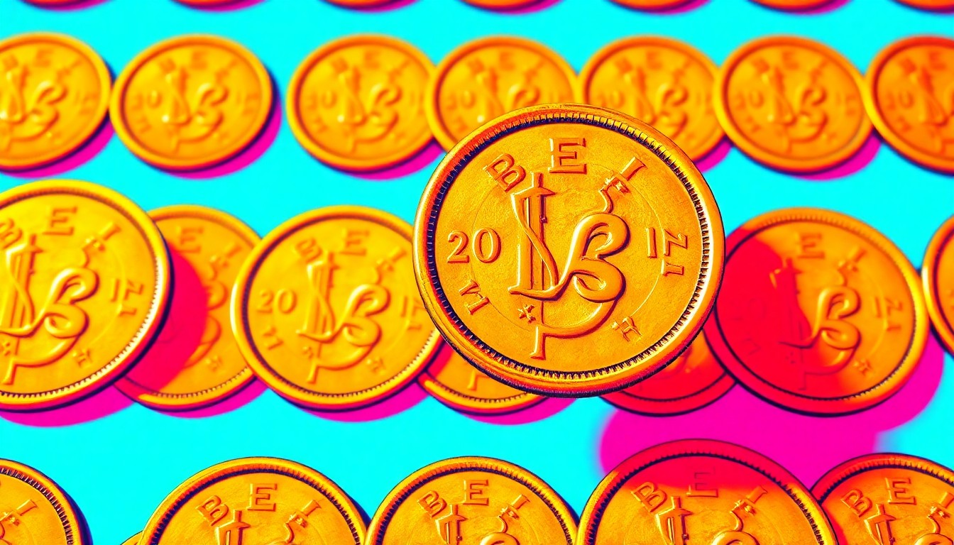 A brightly colored, high-contrast silkscreen print of a vintage gold coin repeated in a tight grid pattern, capturing the excitement and collectible nature of the treasure hunt.