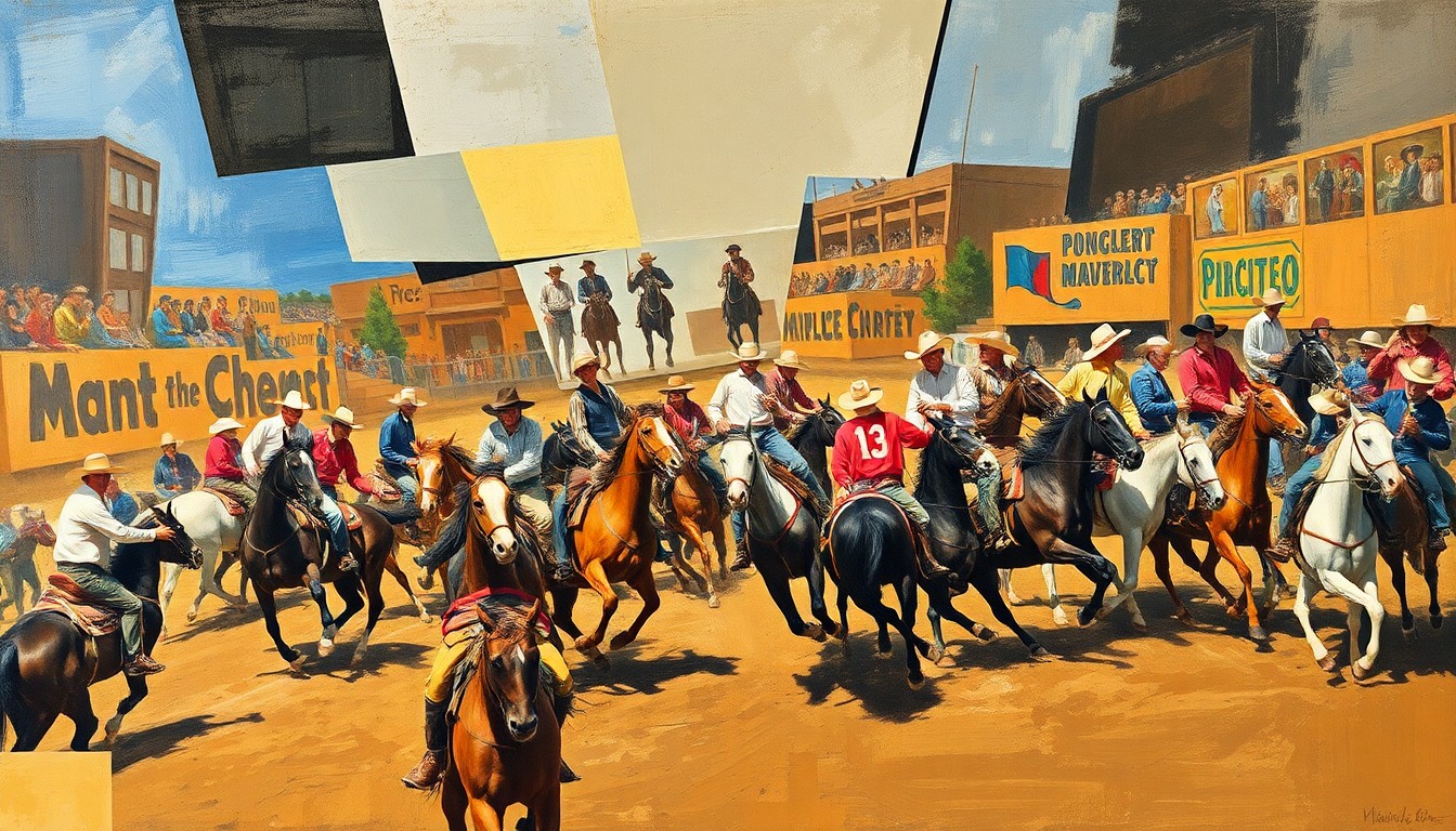 A fragmented, geometric painting depicting the various elements of a rodeo competition, including cowboys, horses, and rodeo equipment, rendered in an abstract cubist style.