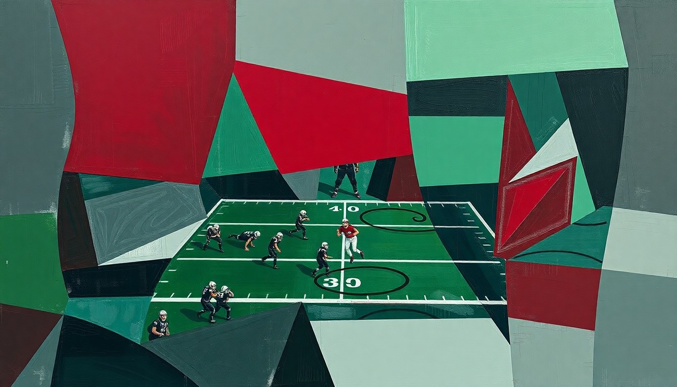 A cubist, geometric painting depicting a high school football game, with overlapping planes of burgundy, green, and grey representing the dynamic action on the field.