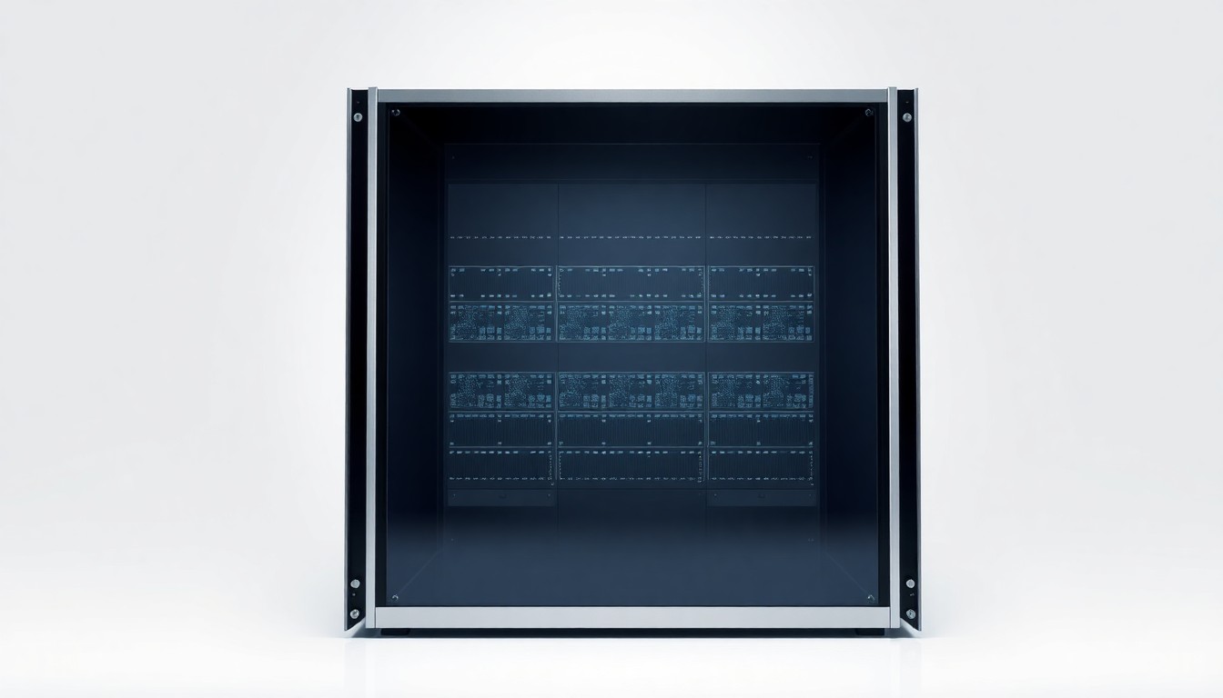 A photorealistic studio still life of a sleek, polished aluminum and glass server rack, floating on a clean white background and dramatically lit to represent the abstract concepts of data, technology, and corporate strategy.