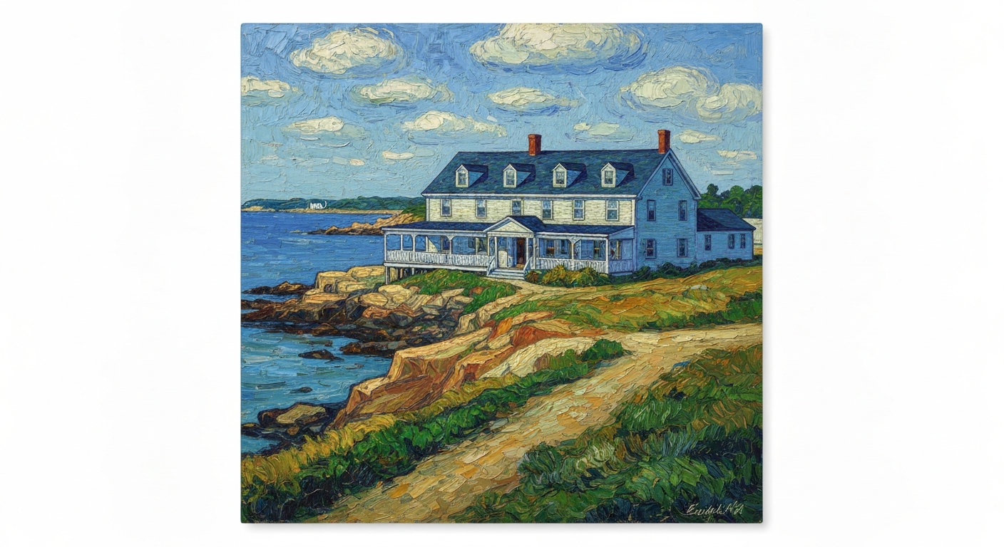 A textured oil painting in the style of Vincent Van Gogh depicting the historic Seaside Inn in Kennebunk, Maine, set against a backdrop of the rugged Atlantic coastline. The image captures the inn's classic New England charm and scenic waterfront location through Van Gogh's signature impasto brushstrokes and vibrant, emotive colors.